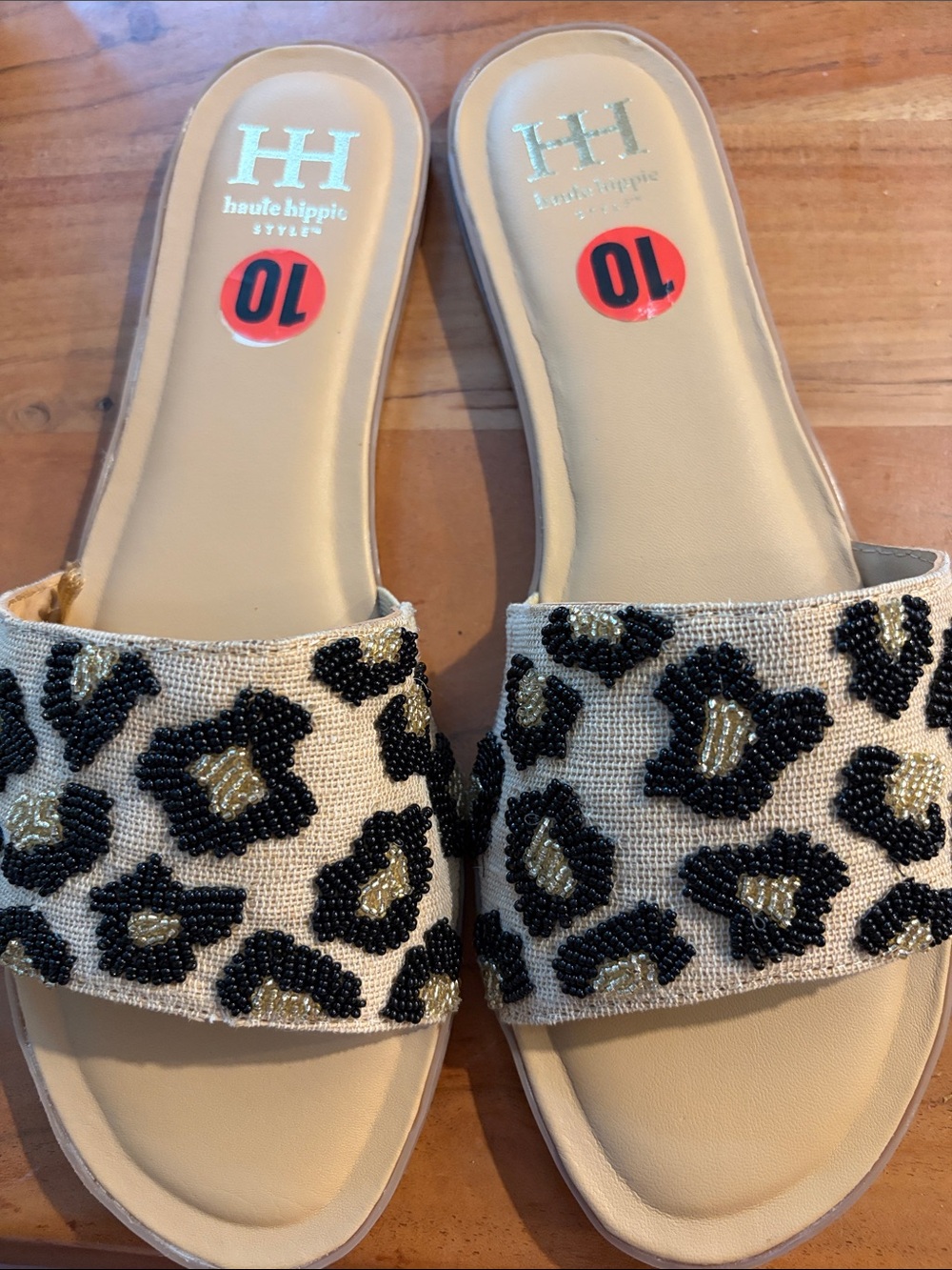 Haute Hippie Tan & Black Beaded Leopard Slide Sandals